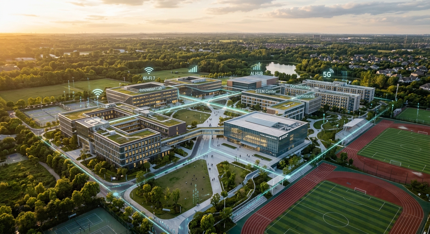 Enterprise campus with wireless, 5G, and multi-site network connectivity deployed across every building