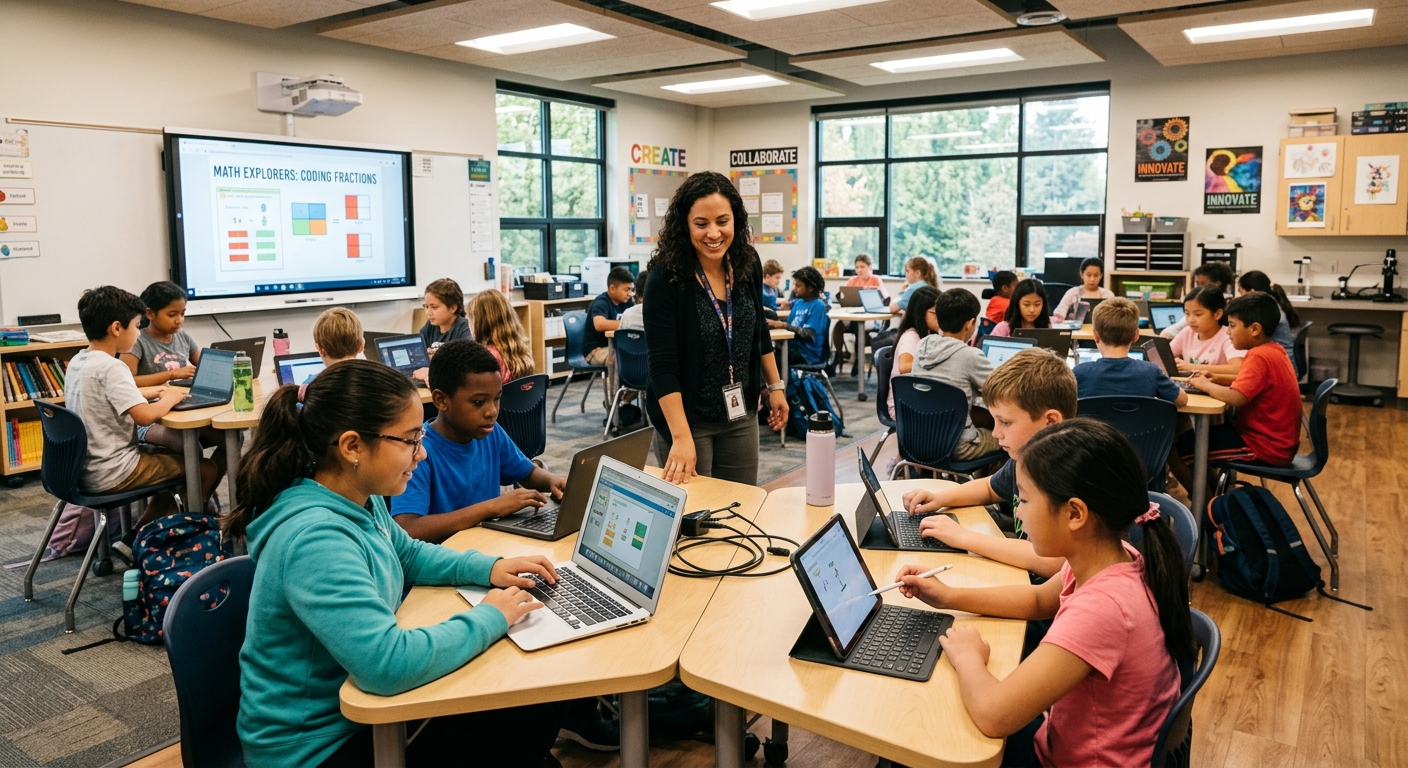 Teacher and students using laptops and tablets in a modern technology-enabled classroom