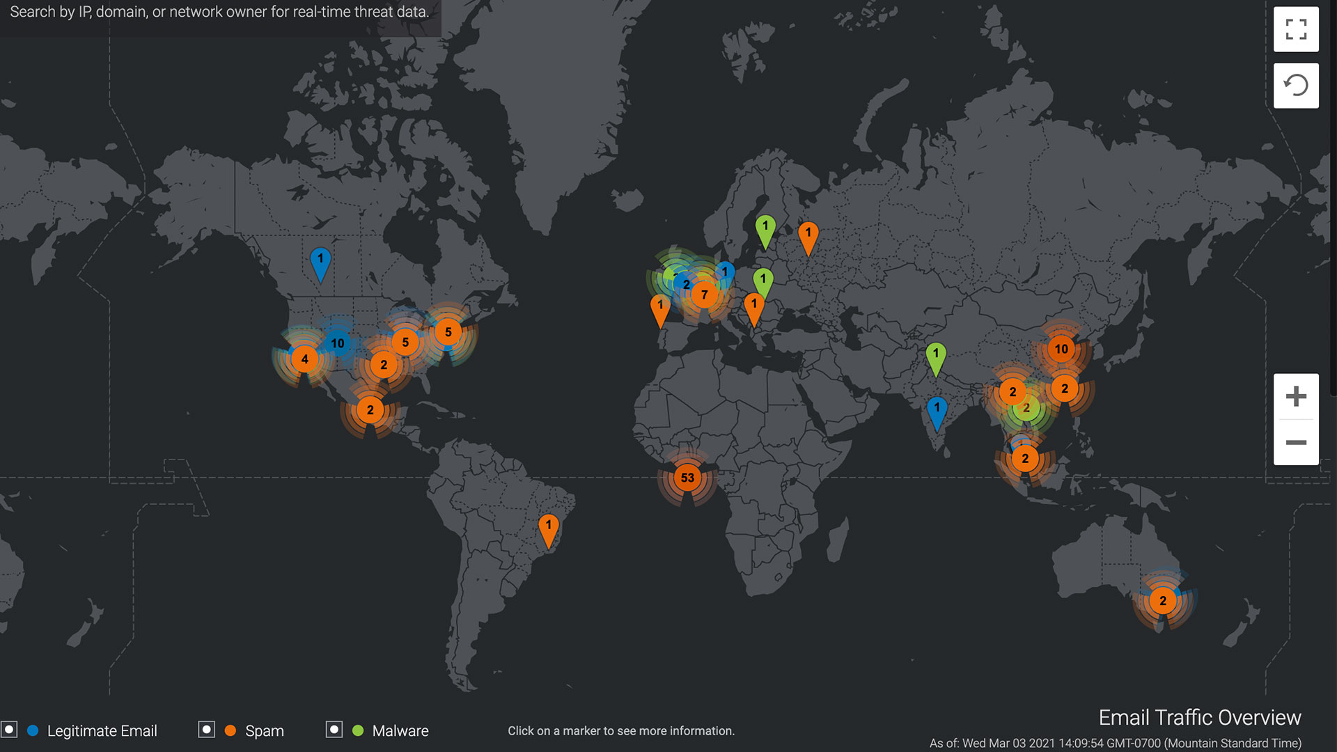 World map of email traffic overview